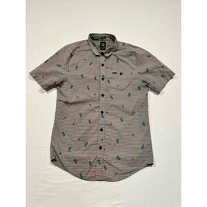 Volcom Mens Slim Fit Short Sleeve Button Down Shirt Grey Pineapple Stripe Medium
